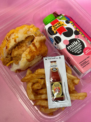 Lunchbox with TFC burger, chips, milkshake and fizzer