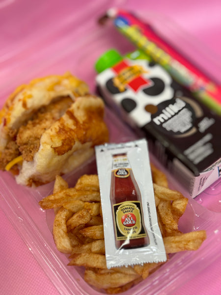 Lunchbox with TFC burger, chips, milkshake and fizzer