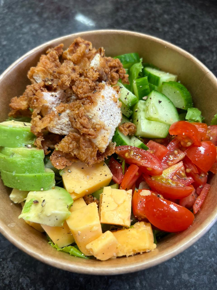 Chicken Strip Salad with Lettuce, Rosa Tomato, Cucumber, Cheese, Avocado and Mayo