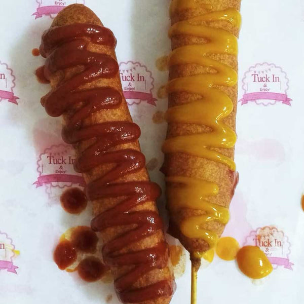 Corndogs made from Chicken & Cheese Sausages with your choice of sauce